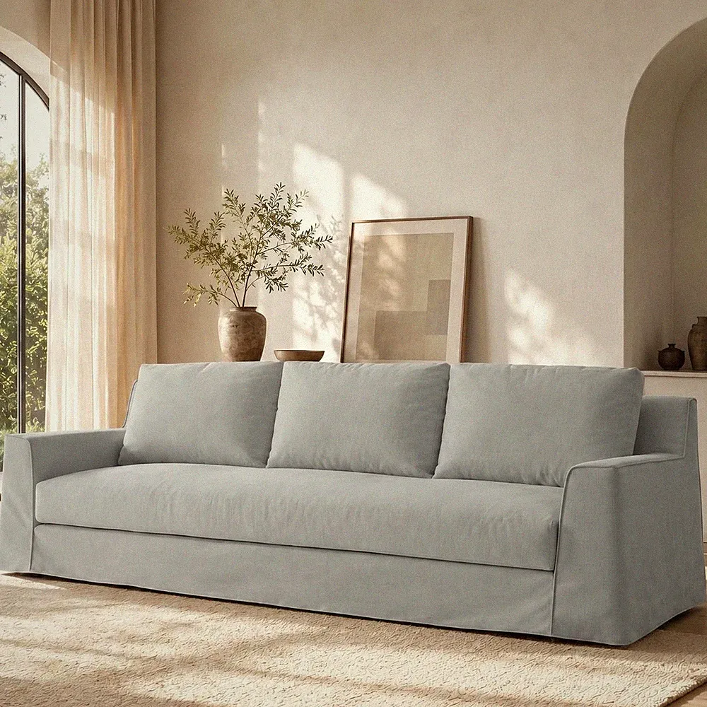 Oversized 110" Grey Slipcovered 3-Seater Couch with Washable Fabric