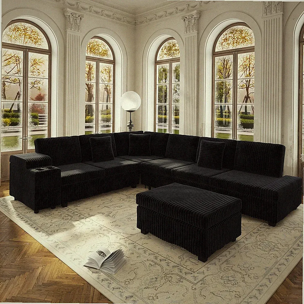 Oversized 110" L-Shaped Plush Sectional Sofa Bed with USB & Cup Holders
