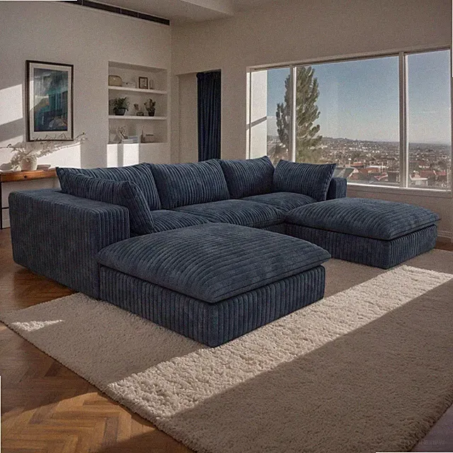 Oversized 118 "W Corduroy Boneless Couches with 2 Ottomans, No Assembly Required