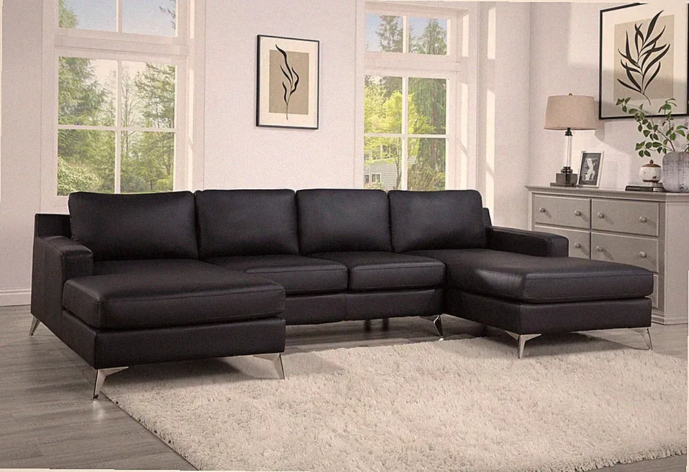 OVERSIZED 122" Modern Double Chaise U-Shape Sectional Black Vegan Leather Sofa