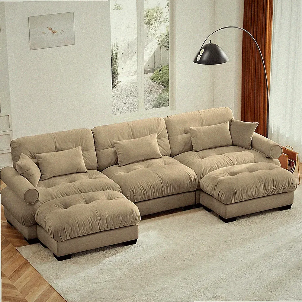 Oversized 130" Velvet U-Shaped Sectional Sofa with Ottomans & 5 Pillows