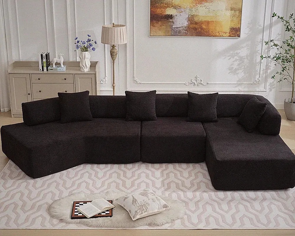 Oversized 140" L-Shaped Modular Boucle Sectional Sofa with Chaise, Black