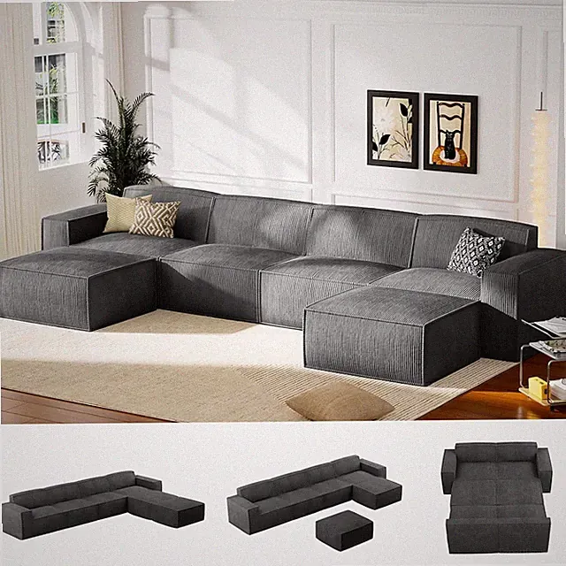 Oversized 142" Deep U-Shaped Modular Sofa with Ottoman, Grey Corduroy