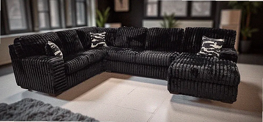 OVERSIZED 143" Wide U-Shaped Black Modern Sofa Sectional Plush Fabric & 3 Pillow