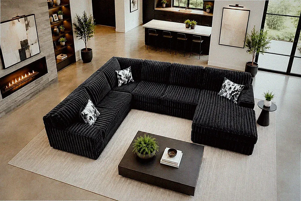 OVERSIZED 143" Wide U-Shaped Black Modern Sofa Sectional Plush Fabric & 3 Pillow