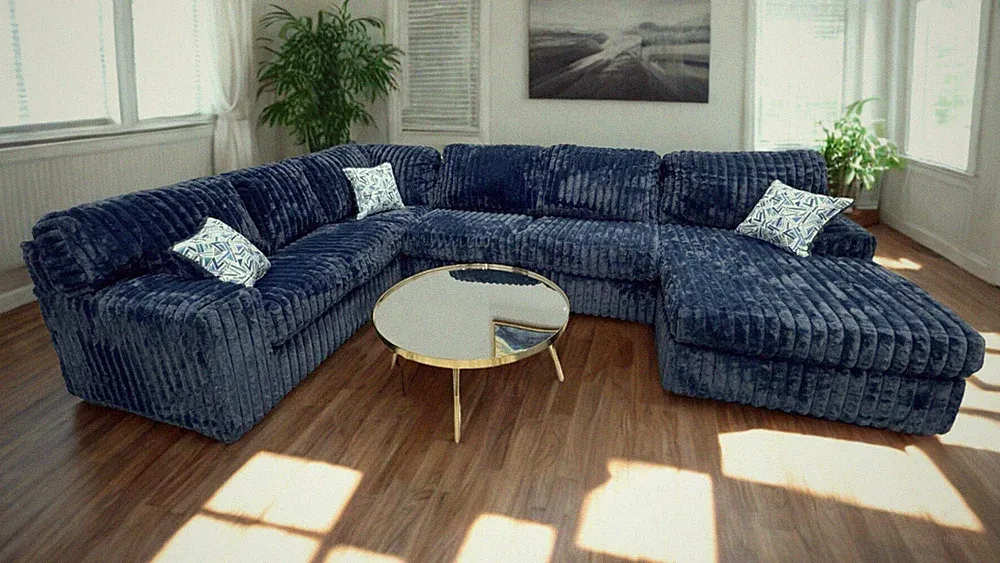 OVERSIZED 143" Wide U-Shaped Blue Modern Sofa Sectional Plush Fabric & 3 Pillow