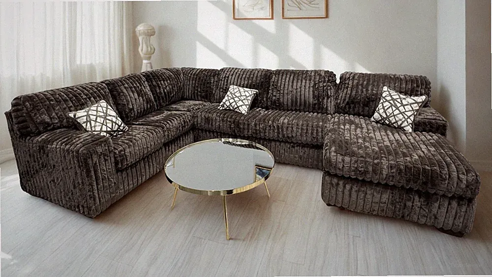 OVERSIZED 143" Wide U-Shaped Brown Modern Sofa Sectional Plush Fabric & 3 Pillow