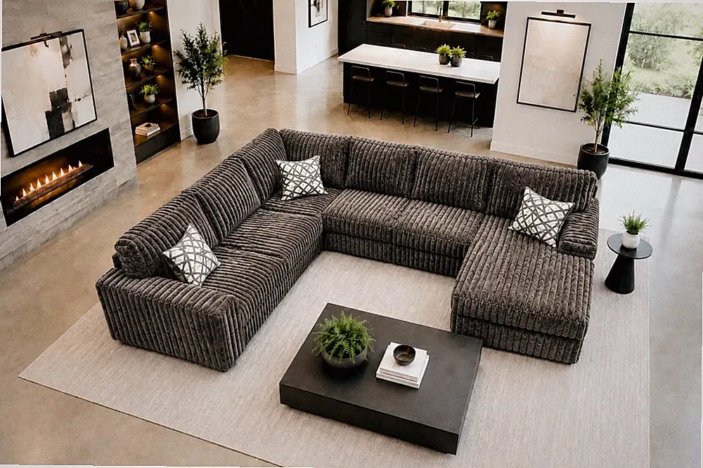 OVERSIZED 143" Wide U-Shaped Brown Modern Sofa Sectional Plush Fabric & 3 Pillow