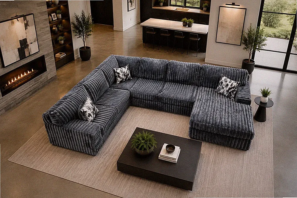 OVERSIZED 143" Wide U-Shaped Gray Modern Sofa Sectional Plush Fabric & 3 Pillows