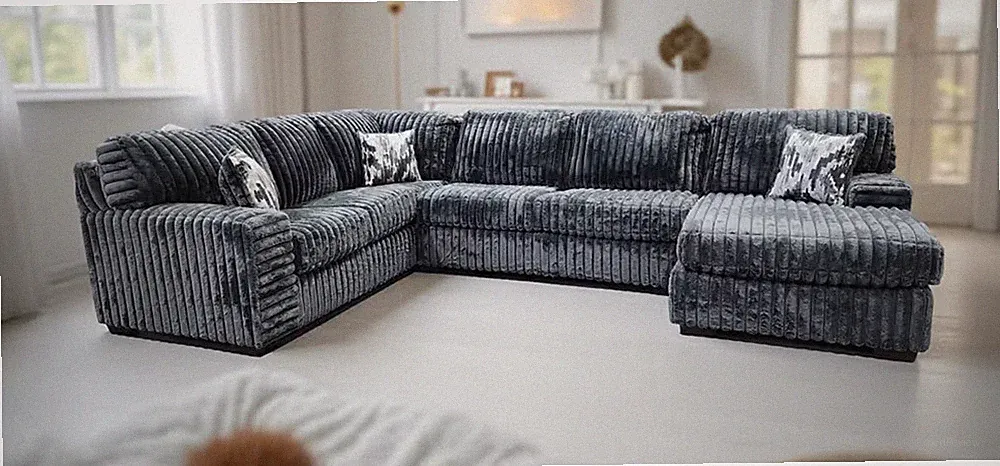 OVERSIZED 143" Wide U-Shaped Gray Modern Sofa Sectional Plush Fabric & 3 Pillows
