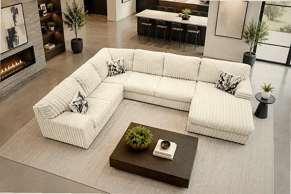OVERSIZED 143" Wide U-Shaped Ivory Modern Sofa Sectional Plush Fabric & 3 Pillow
