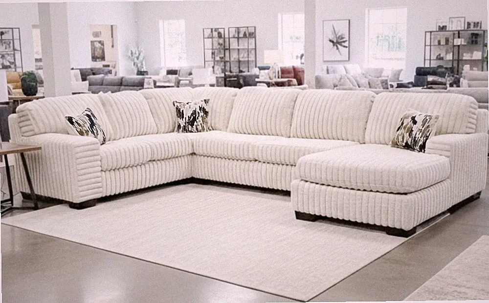 OVERSIZED 143" Wide U-Shaped Ivory Modern Sofa Sectional Plush Fabric & 3 Pillow