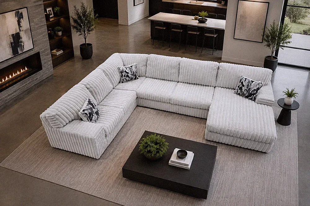 OVERSIZED 143" Wide U-Shaped Silver Gray Modern Sofa Sectional Fabric & 3 Pillow