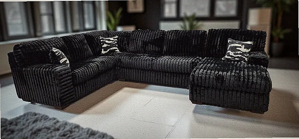 OVERSIZED 143"x94" U-Shaped Sofa Sectional Modern Black Plush Fabric & 3 Pillows