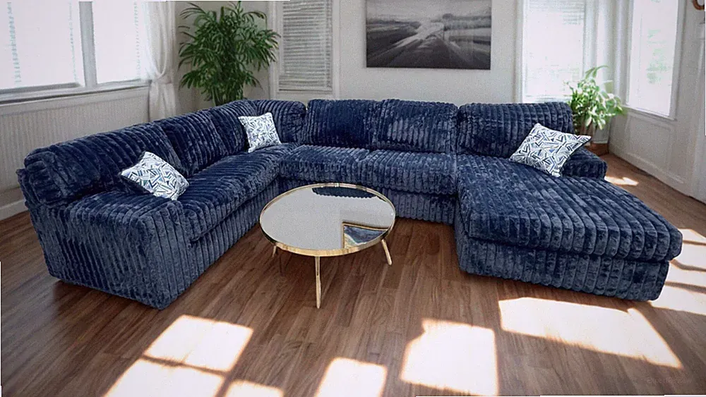 OVERSIZED 143"x94" U-Shaped Sofa Sectional Modern Blue Plush Fabric & 3 Pillows