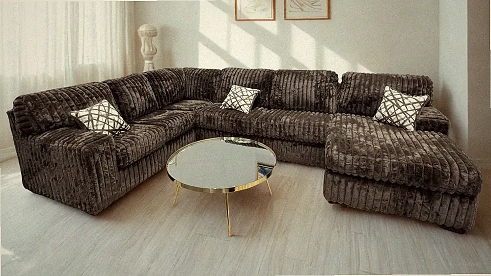 OVERSIZED 143"x94" U-Shaped Sofa Sectional Modern Brown Plush Fabric & 3 Pillows