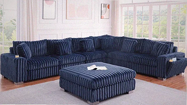 OVERSIZED 152" x 117" Plush Corduroy Modular Sofa Sectional Blue w/ FREE OTTOMAN