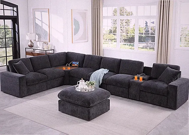 Oversized 157" L-Shaped Sectional Sofa with Ottoman, USB Ports & Storage, Dark G