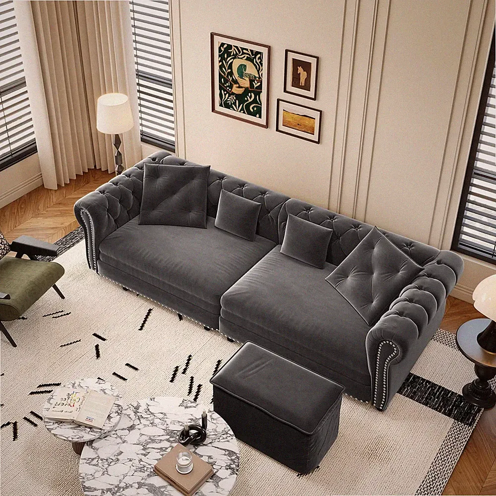 Oversized 3-in-1 Chesterfield Loveseat Sofa Bed with Movable Ottoman