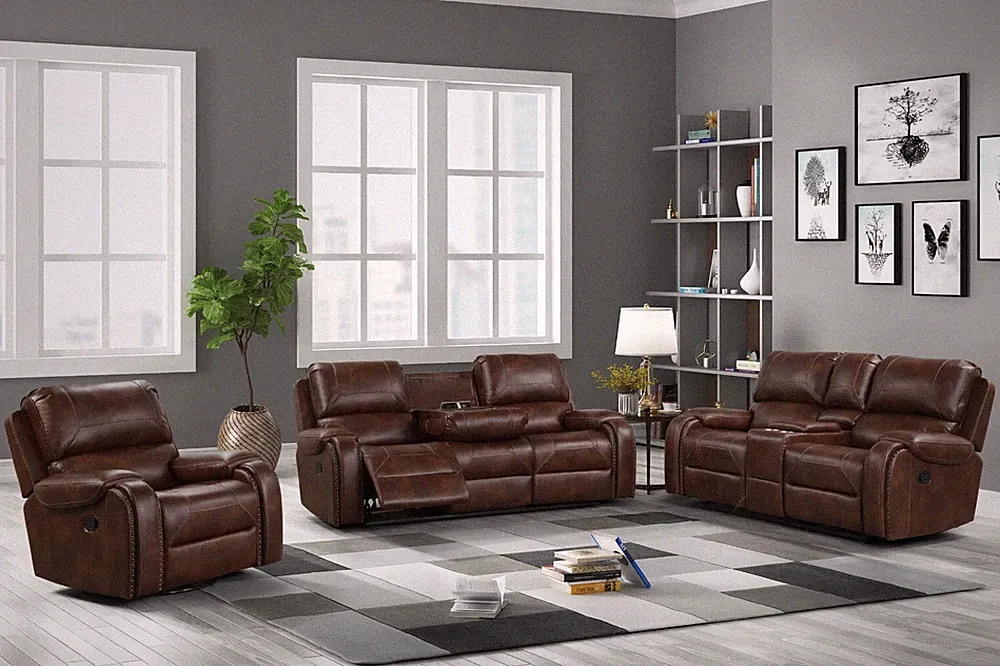 OVERSIZED 3PC Brown Sofa Loveseat Chair Leather Rustic Recliner Living Room Set