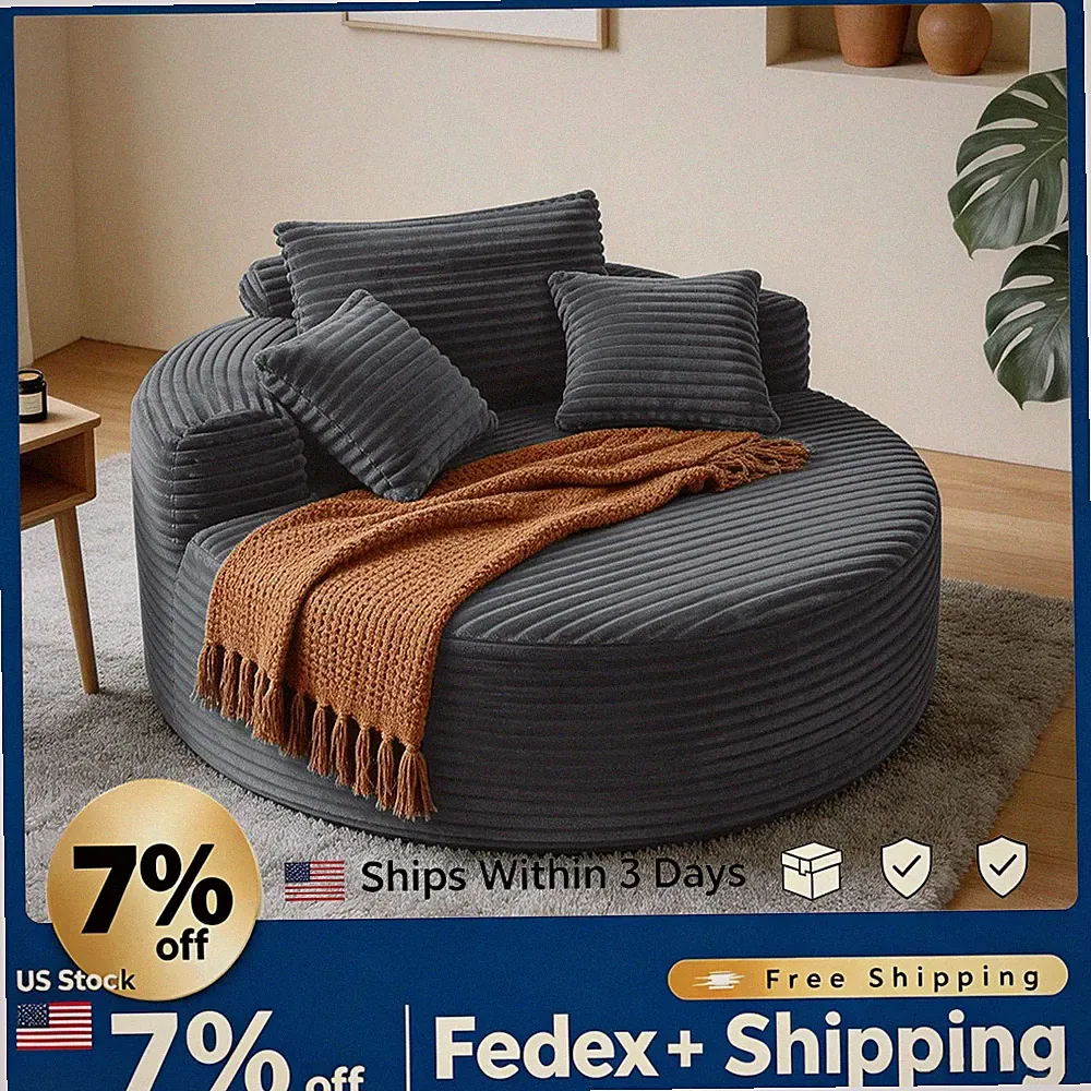 Oversized 55" Round Corduroy Chair, Boneless Lounge Sofa Bed with 3 Pillows