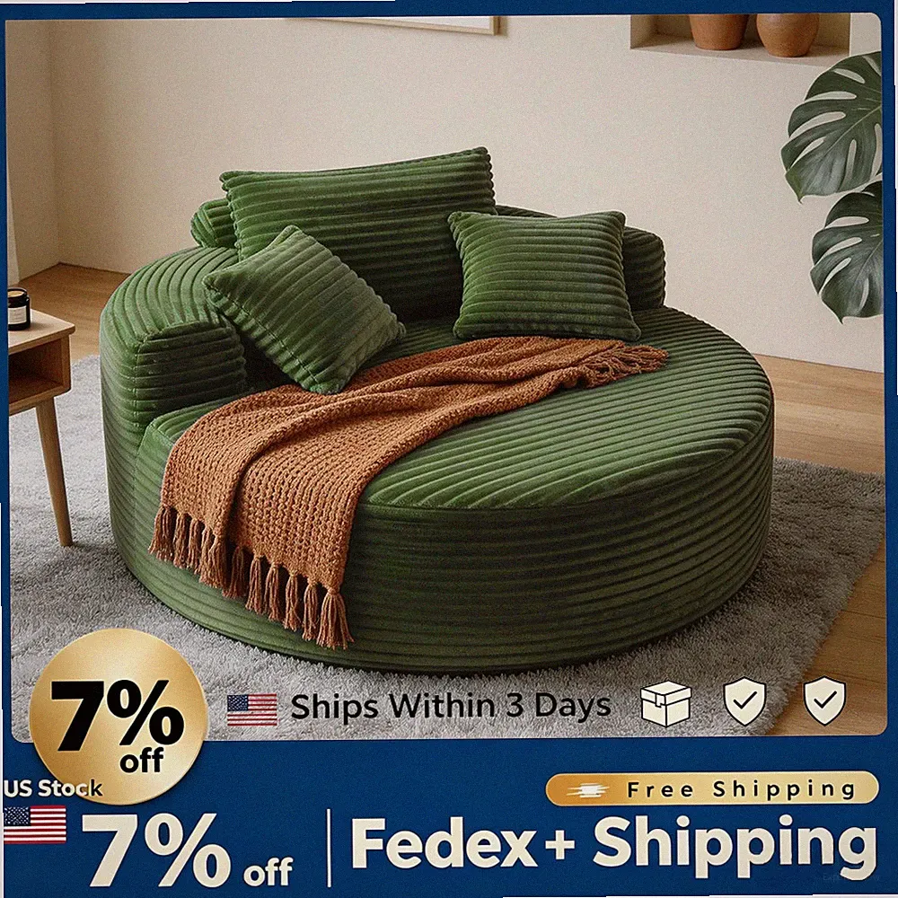 Oversized 55" Round Corduroy Chair, Boneless Sofa Bed Green Lounge Furniture