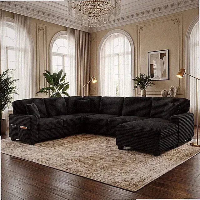 Oversized 6-Seater Corduroy Sectional Sofa with Movable Ottoman & Side Pockets