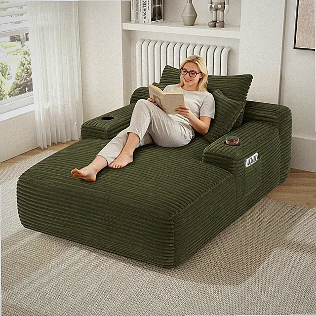 Oversized 65" Chaise Lounge Chair, No Assembly Green Corduroy Sofa Bed