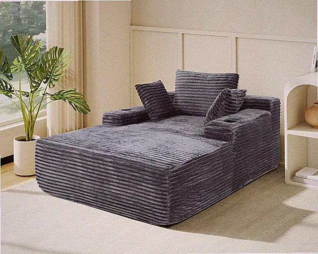 Oversized 65" Chaise Lounge Chair, No Assembly Sleeper Couch, Grey Corduroy