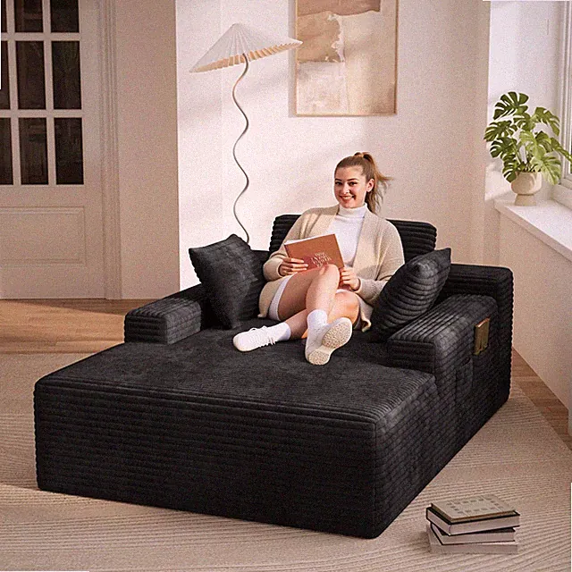 Oversized 67" Chaise Lounge Sofa Bed - Corduroy Upholstered, No Assembly (Black)