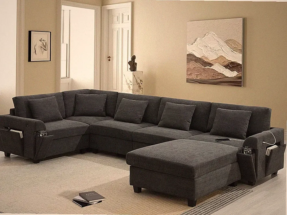 Oversized 7-Seater L/U Sectional Sofa with Ottoman, USB Ports & Storage