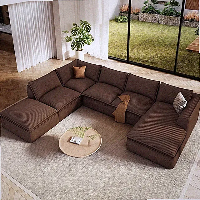 Oversized 7-Seater Modular Couch with Chaise & Ottoman, Dark Brown