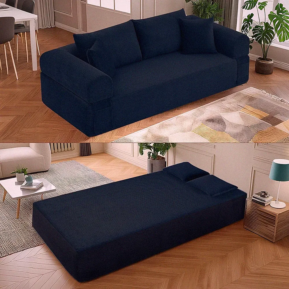 Oversized 83" Modern Sofa Bed with Storage & 4 Pillows - Navy Blue
