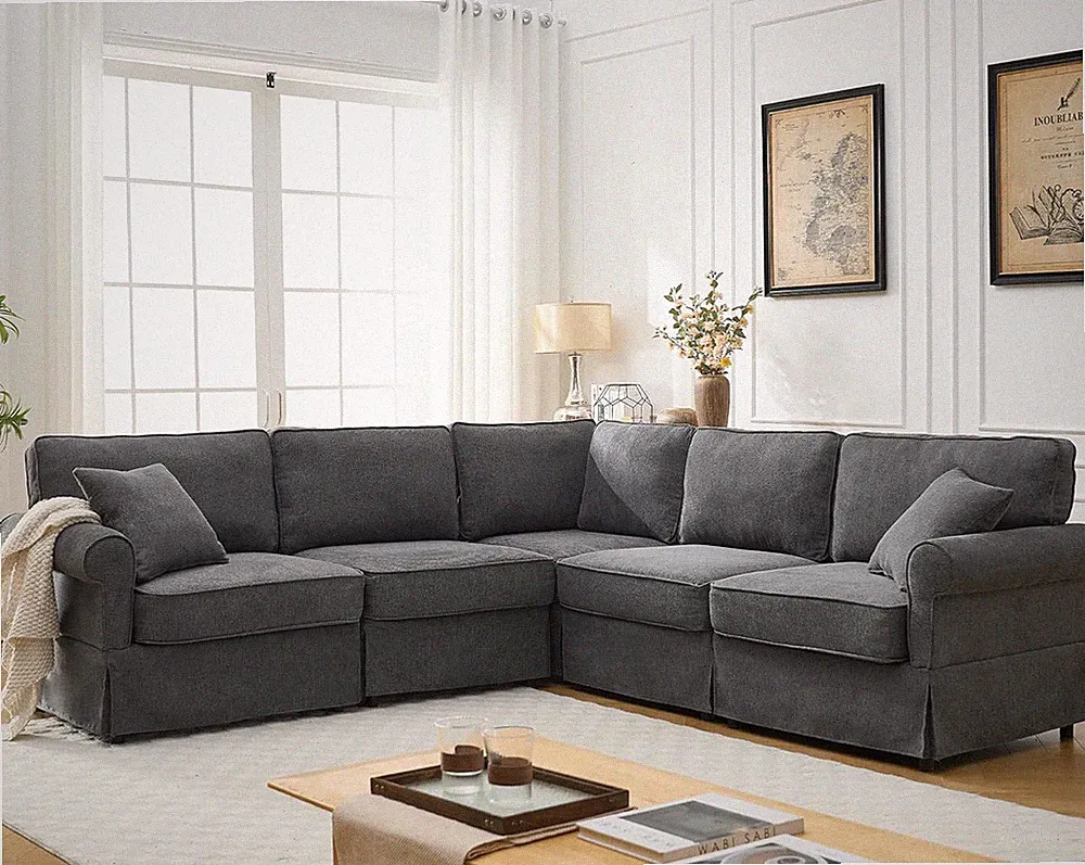Oversized 94" L-Shaped Modular Linen Sectional Sofa, Dark Gray, 5-Seater