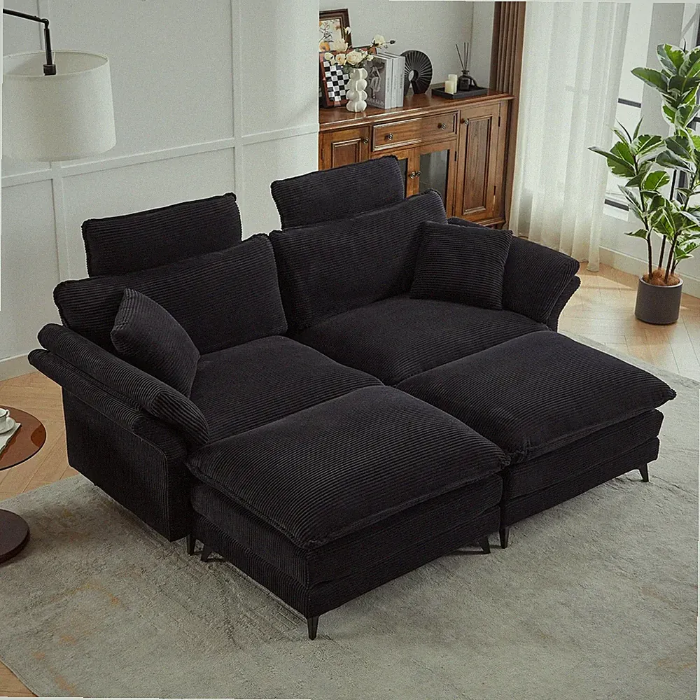 Oversized Black Corduroy Loveseat Sofa with Movable Ottoman & Headrests