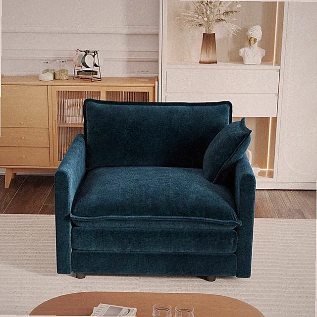 Oversized Blue Chenille Modular Sofa Chair with Comfort Foam Cushion