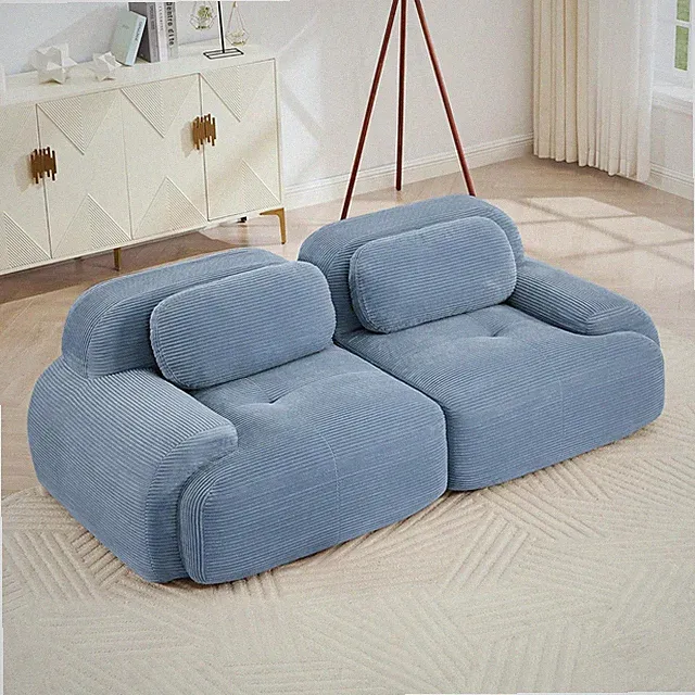 Oversized Blue Corduroy Modular Loveseat Sofa with Cushions for Living Room
