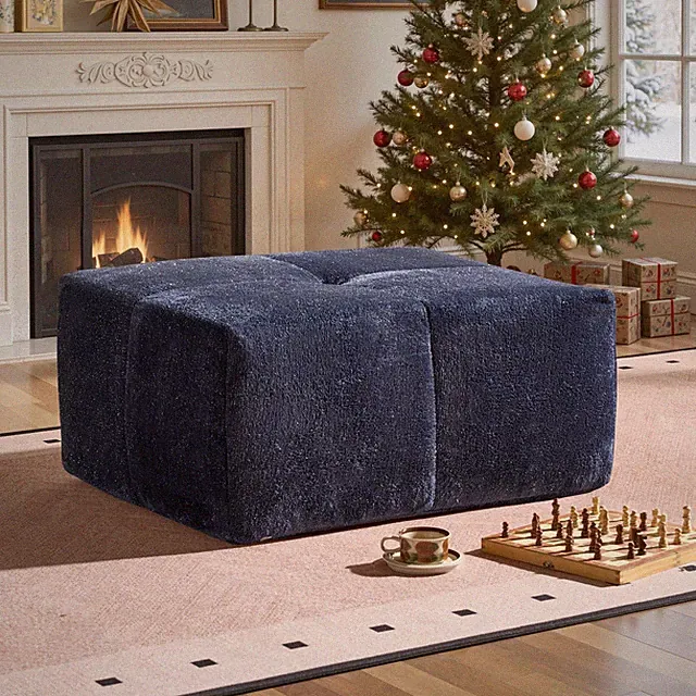 Oversized Blue Velvet Fabric Sectional Sofa Ottoman