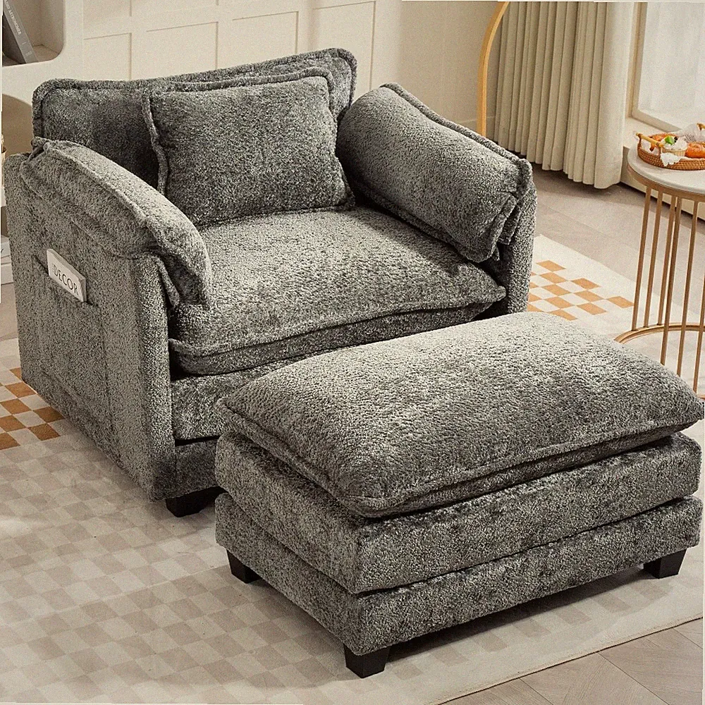 Oversized Boucle Sofa Bed DARK GREY – Portable Ottoman, Wider Seat,Deep Cushions