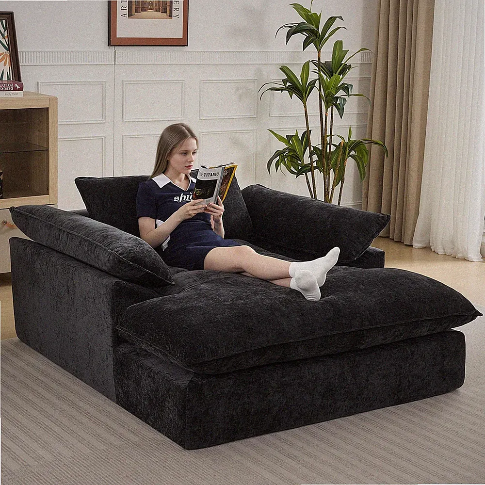 Oversized Chaise Lounge Chair 69in Dark Grey No Assembly Sofa Bed with Ottoman