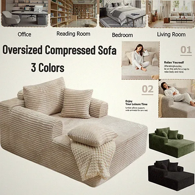 Oversized Chaise Lounge Chair Indoor Boneless Couch Compressed Sofa Bed 3 Colors