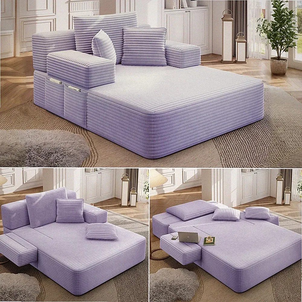 Oversized Chaise Sofa Bed Convertible Sleeper Couch with Storage Pocket 3Pillows
