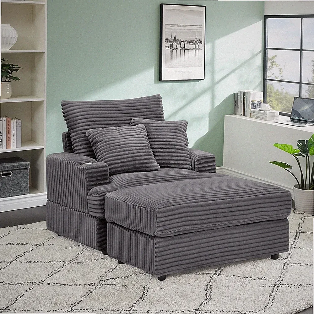 Oversized Chaise Sofa Bed Upholstered Boneless Deep Seat Chair with Ottoman
