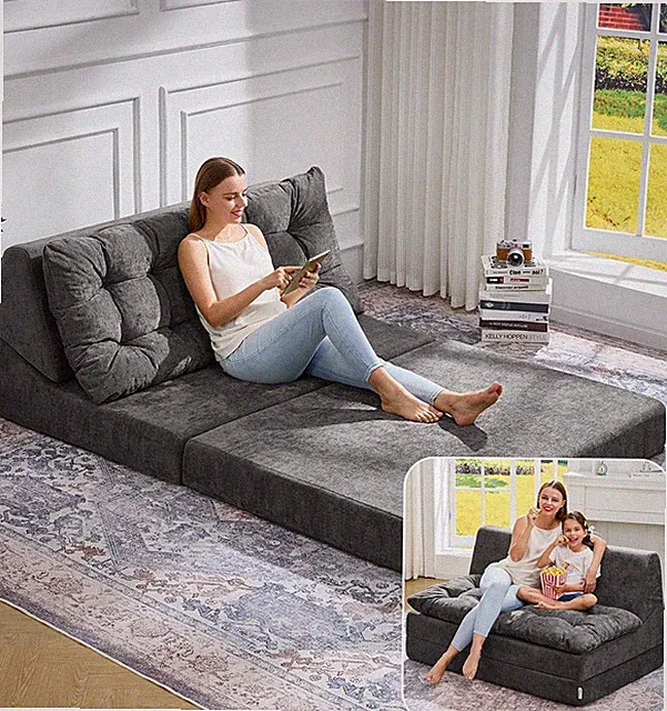 Oversized Chenille Grey Folding Sofa Bed & Lounger for Living Room or Office