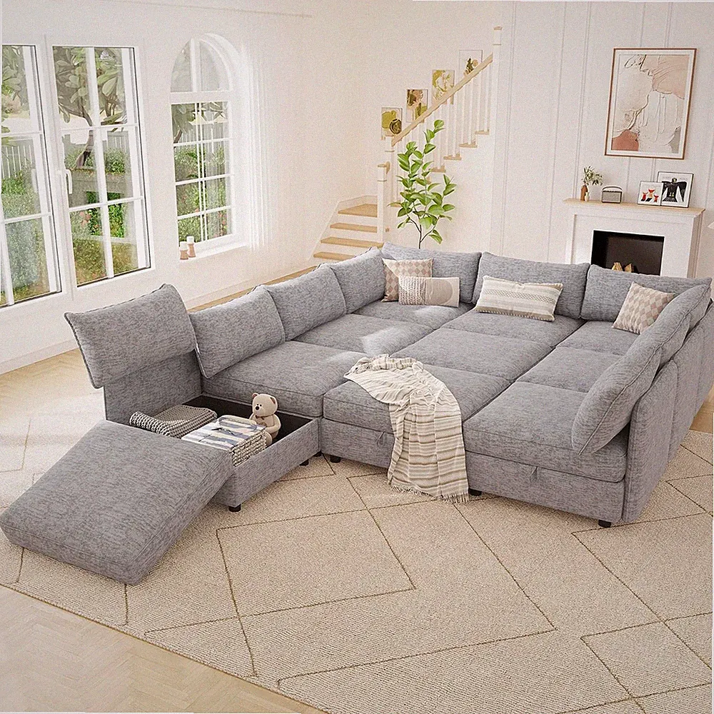 Oversized Chenille Modular Sectional Sofa Bed Hidden Storage, Convertible L U Sh