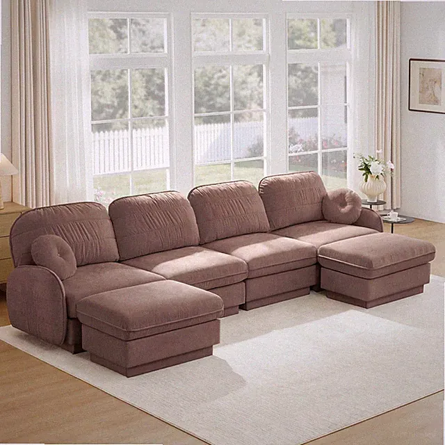 Oversized Chenille U-Shaped Sectional Sofa with Ottoman, Rose Dust