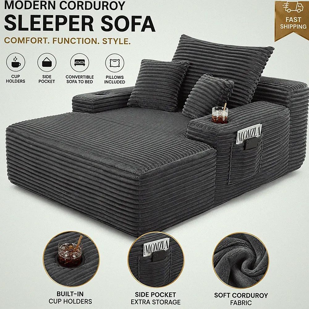 Oversized Convertible Chaise Lounge Sofa Bed Corduroy Floor Couch Deep Seat Read