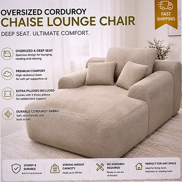 Oversized Corduroy Chaise Lounge Chair Sofa Bed Deep Seat Reading Chair Camel