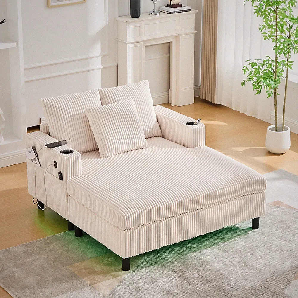 Oversized Corduroy Chaise Lounge Chair w/ USB Ports LED Light Strip & Cup Holder