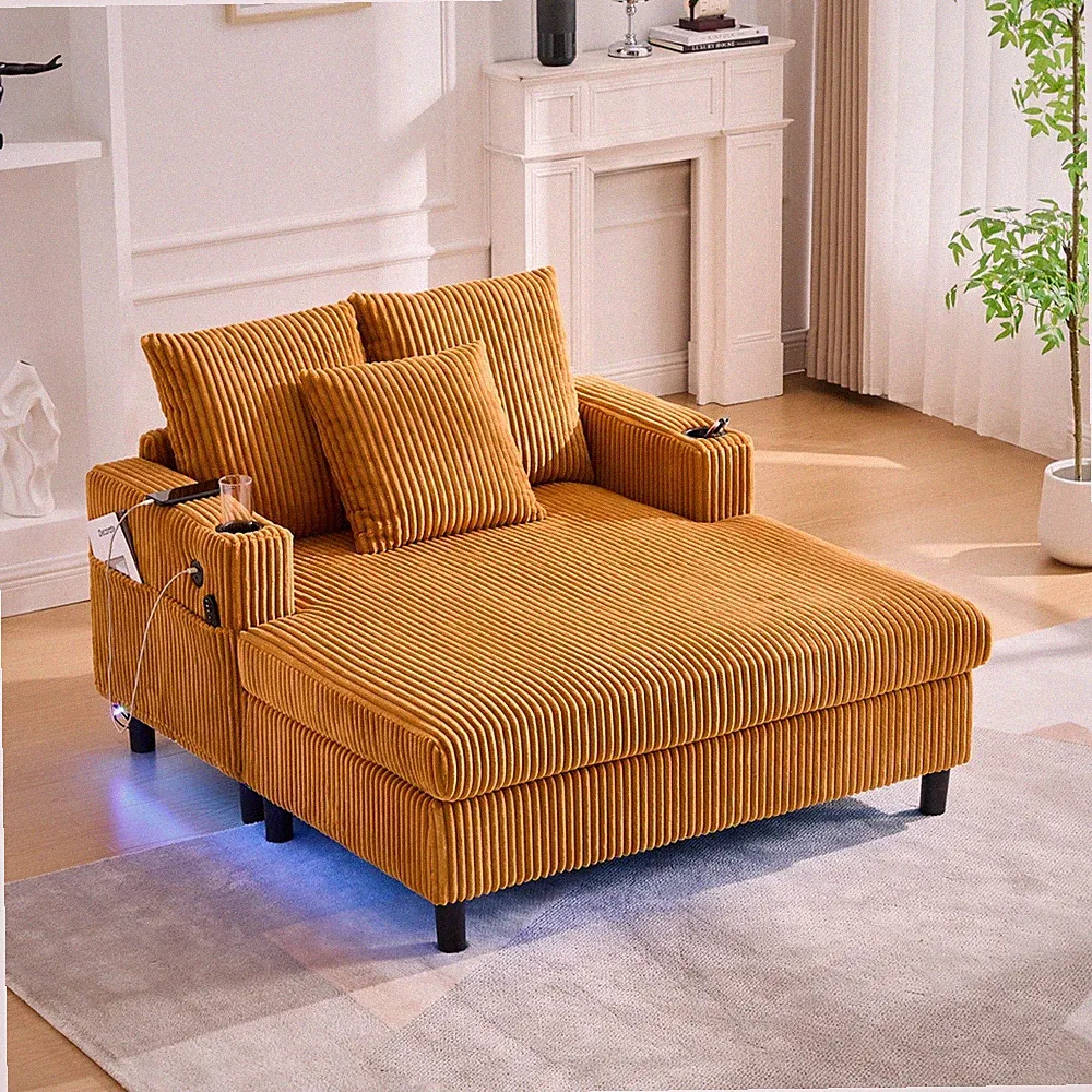 Oversized Corduroy Chaise Lounge Chair w/ USB Port LED Light Strip & Cup Holder